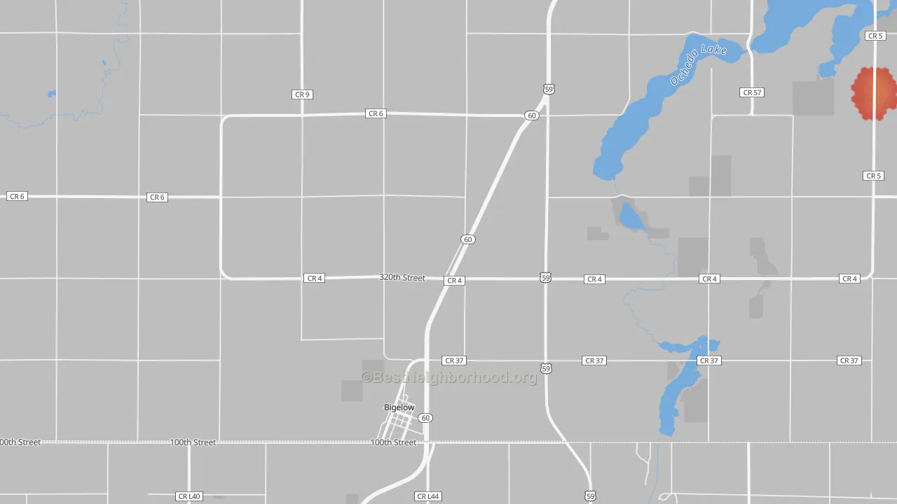 Walk Grade map of Bigelow, MN, walkable areas in green and car-dependent areas in red