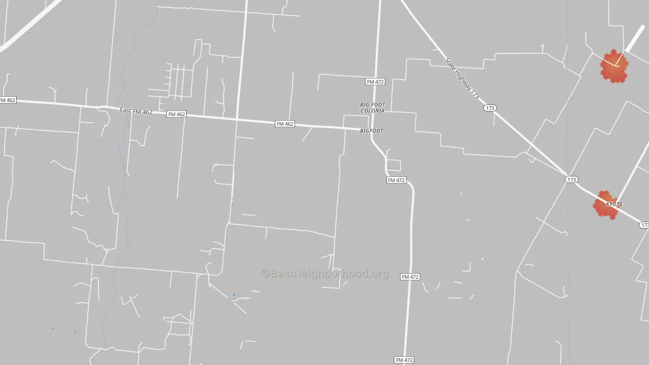 Walk Grade map of Bigfoot, TX, walkable areas in green and car-dependent areas in red
