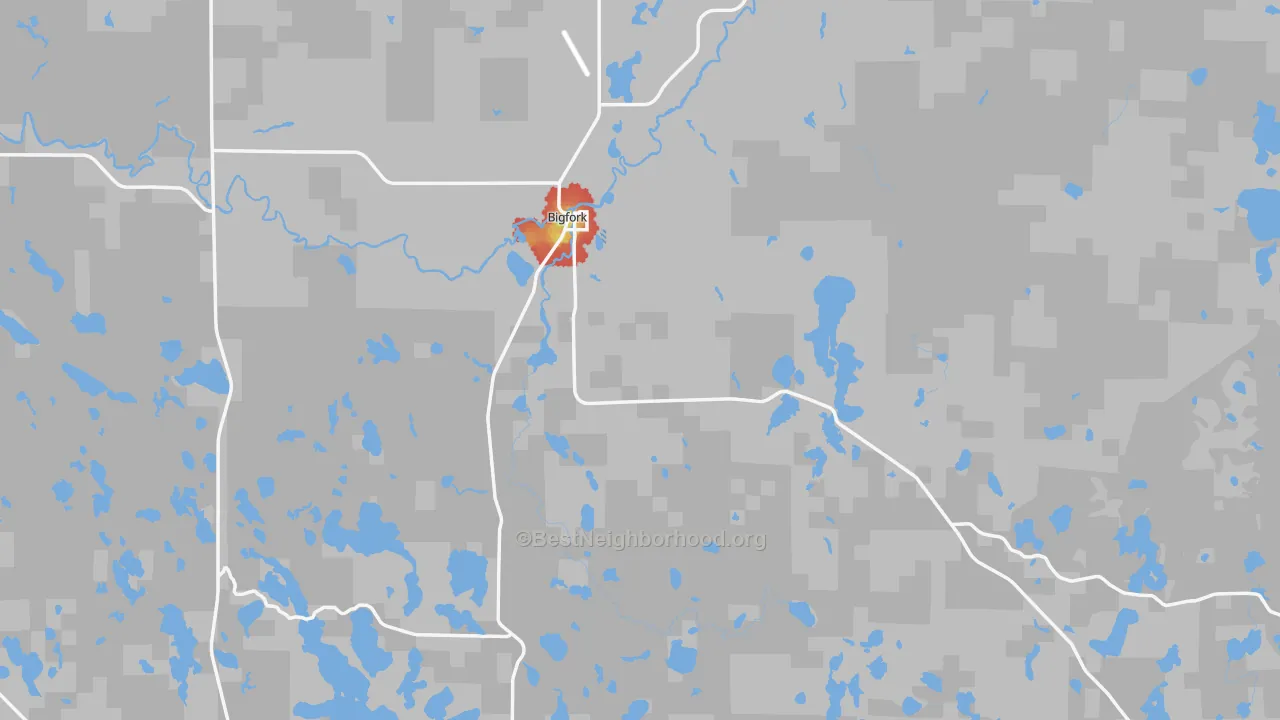 Walk Grade map of Bigfork, MN, walkable areas in green and car-dependent areas in red