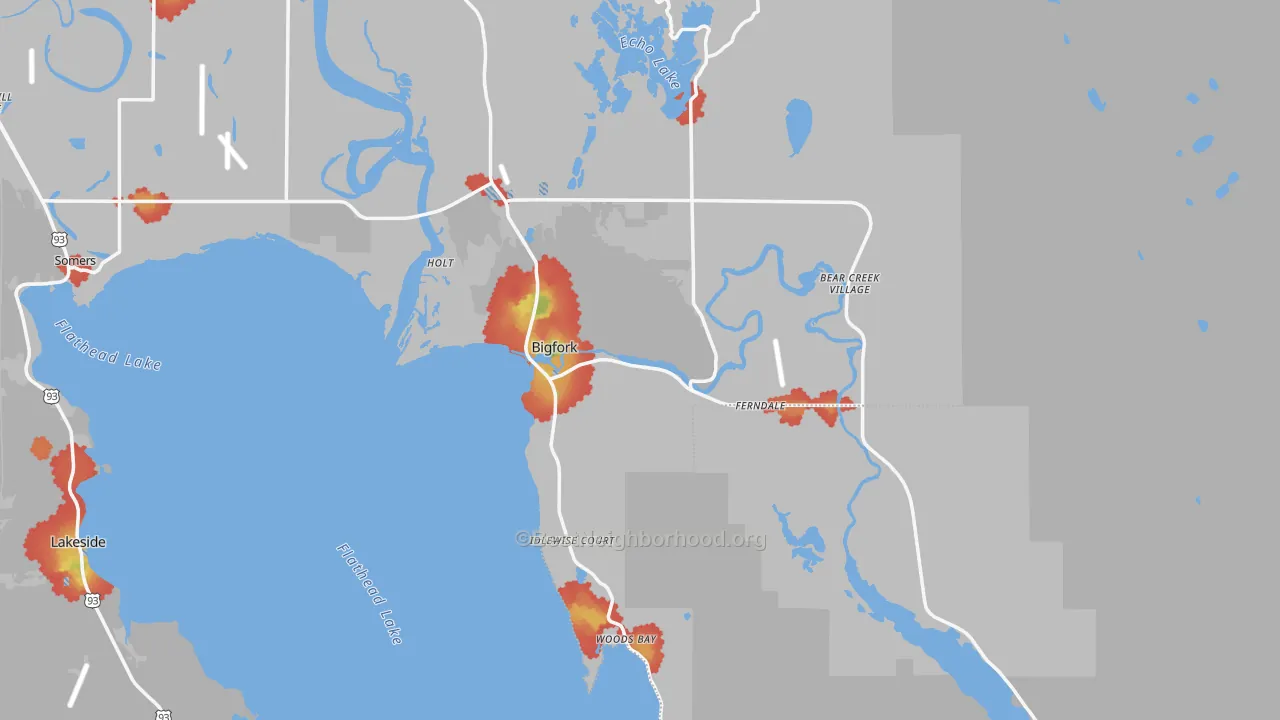 Walk Grade map of Bigfork, MT, walkable areas in green and car-dependent areas in red