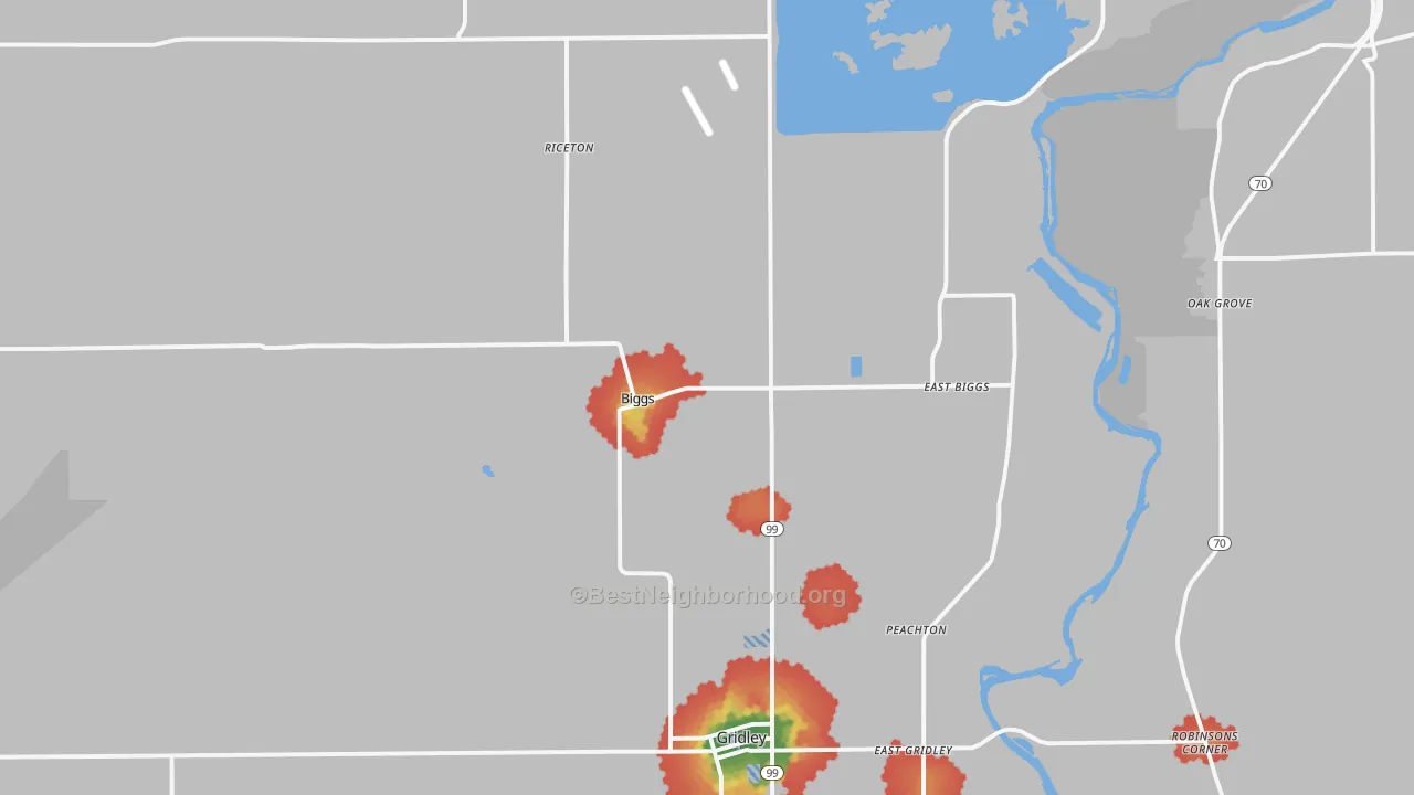 Walk Grade map of Biggs, CA, walkable areas in green and car-dependent areas in red