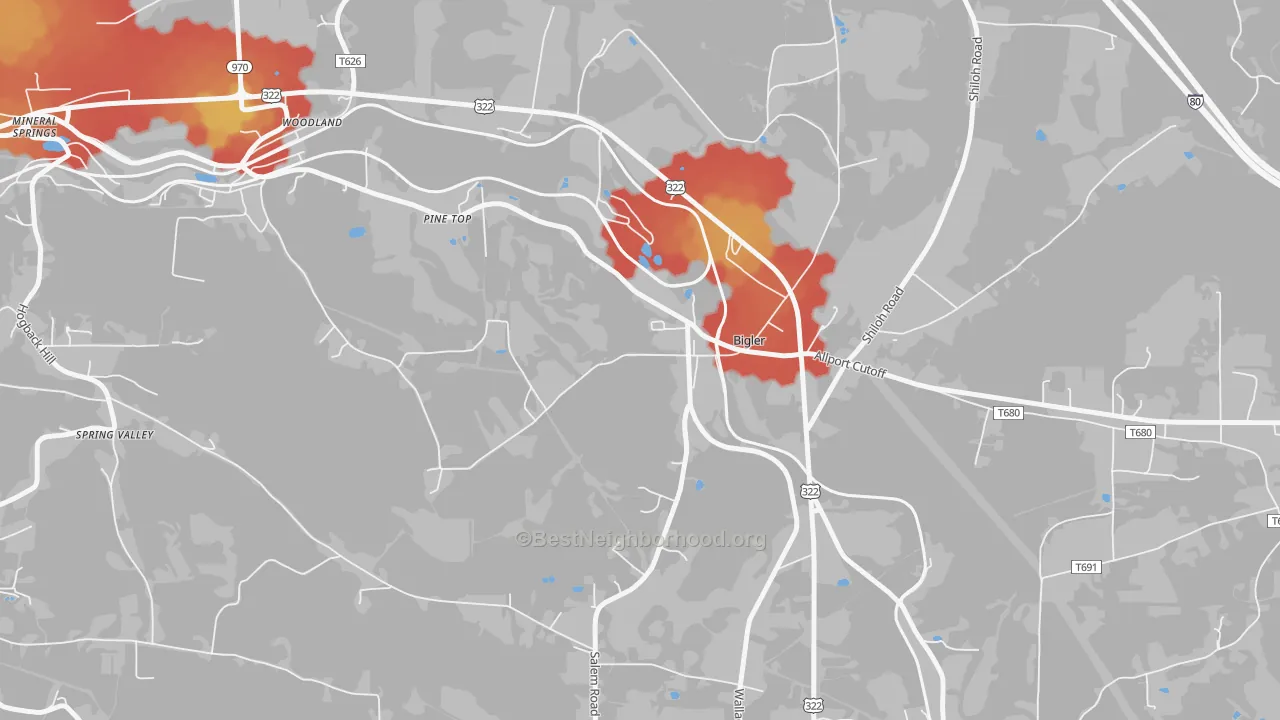 Walk Grade map of Bigler, PA, walkable areas in green and car-dependent areas in red