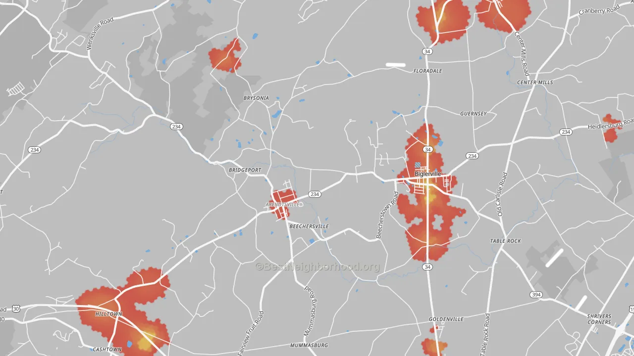Walk Grade map of Biglerville, PA, walkable areas in green and car-dependent areas in red