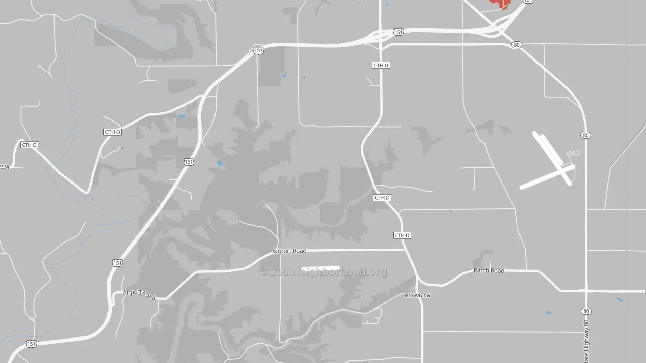 Walk Grade map of Bigpatch, WI, walkable areas in green and car-dependent areas in red