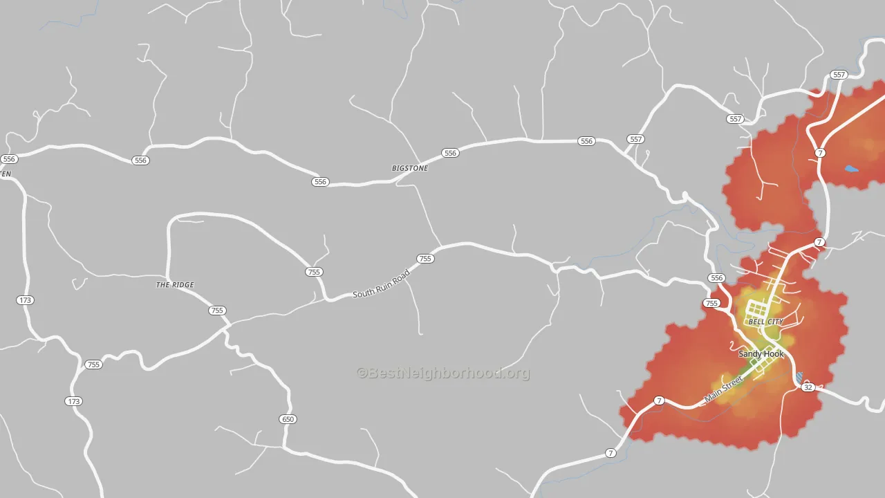 Walk Grade map of Bigstone, KY, walkable areas in green and car-dependent areas in red