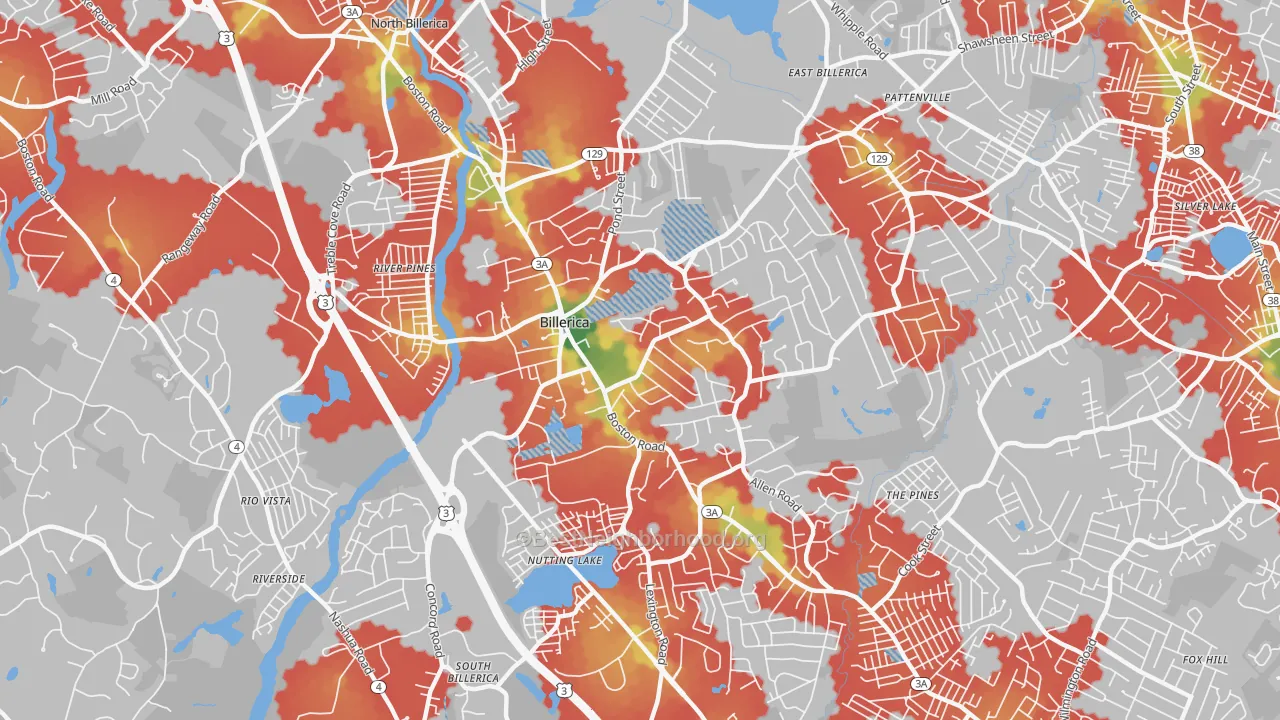Walk Grade map of Billerica, MA, walkable areas in green and car-dependent areas in red