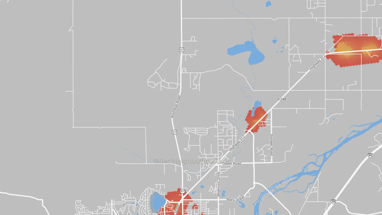 Walk Grade map of Billings Heights, MT, walkable areas in green and car-dependent areas in red