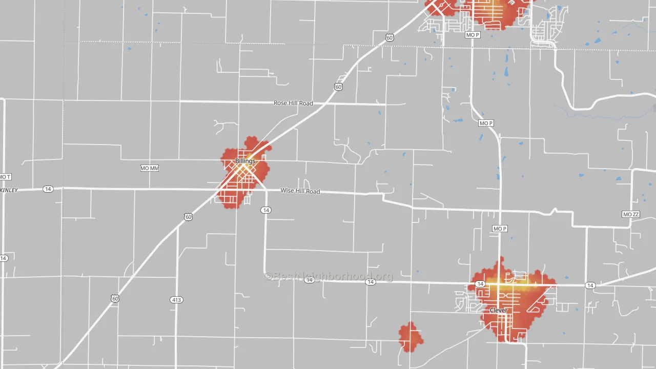 Walk Grade map of Billings, MO, walkable areas in green and car-dependent areas in red