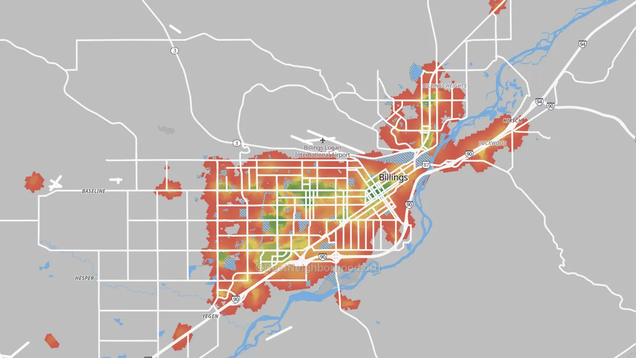 Walk Grade map of Billings, MT, walkable areas in green and car-dependent areas in red