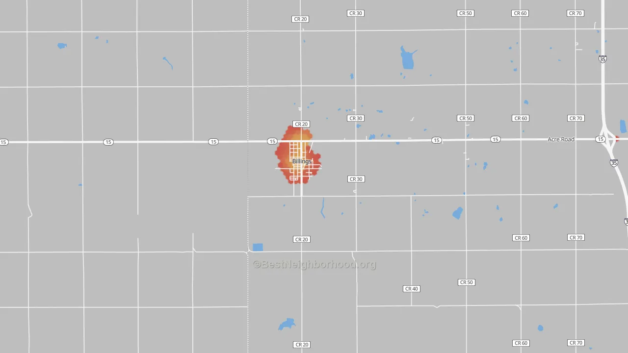 Walk Grade map of Billings, OK, walkable areas in green and car-dependent areas in red