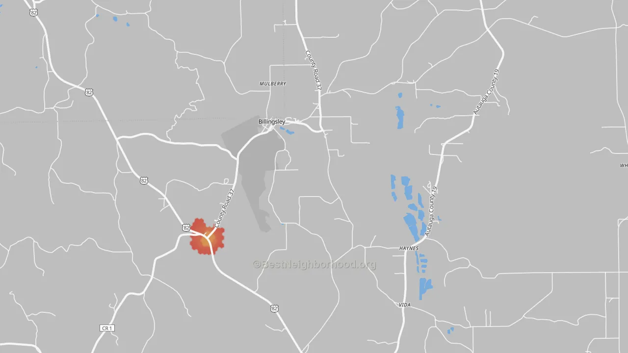 Walk Grade map of Billingsley, AL, walkable areas in green and car-dependent areas in red