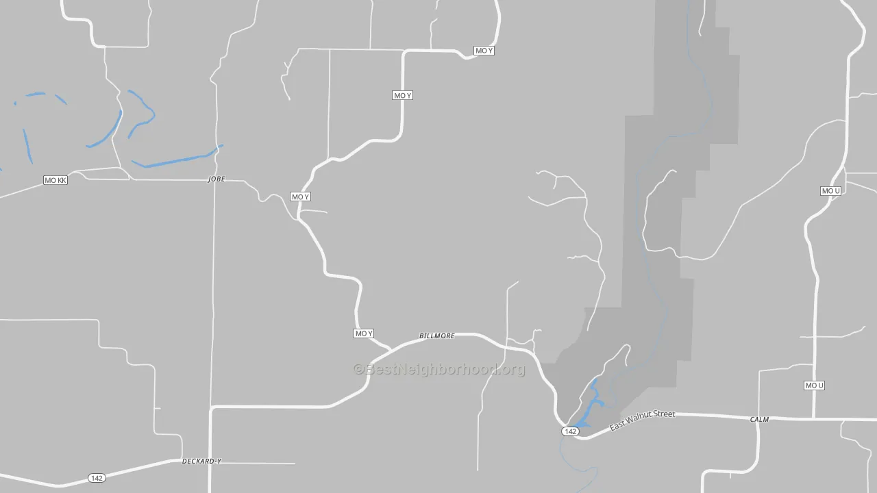 Walk Grade map of Billmore, MO, walkable areas in green and car-dependent areas in red