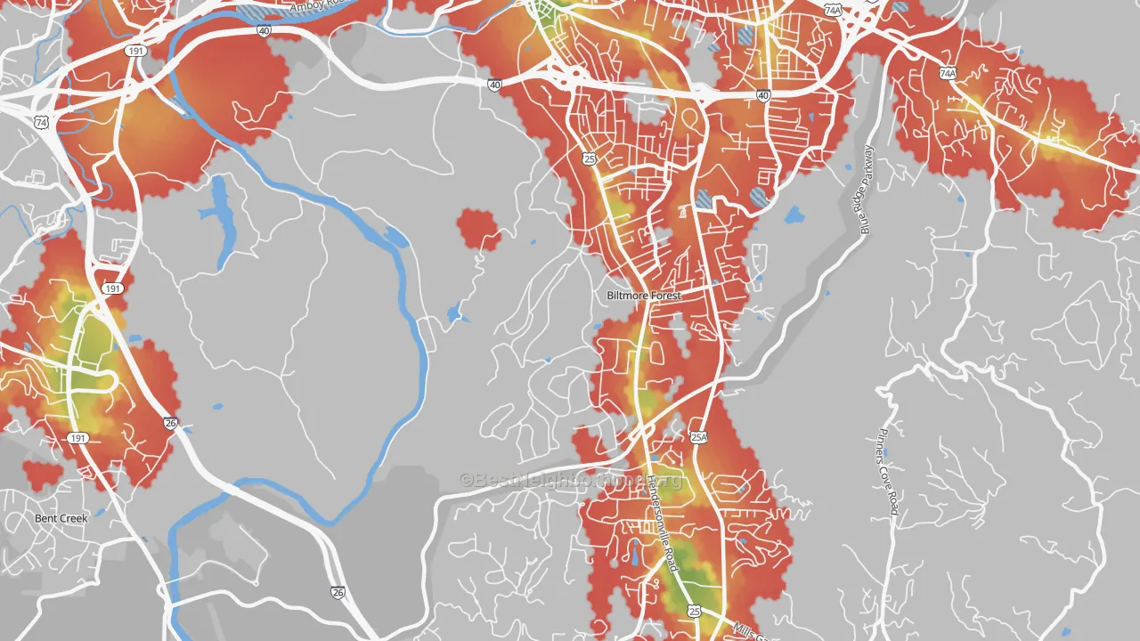 Walk Grade map of Biltmore Forest, NC, walkable areas in green and car-dependent areas in red