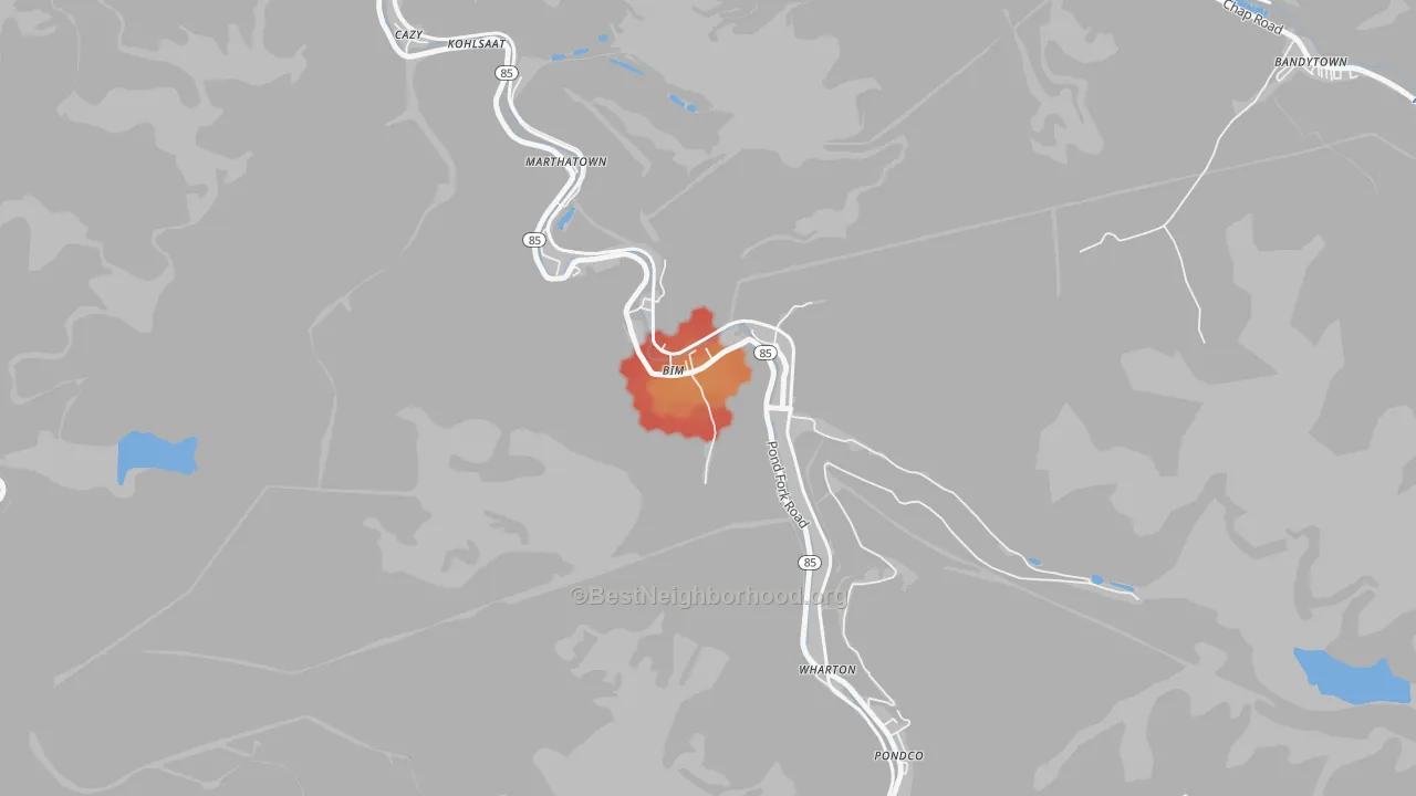 Walk Grade map of Bim, WV, walkable areas in green and car-dependent areas in red