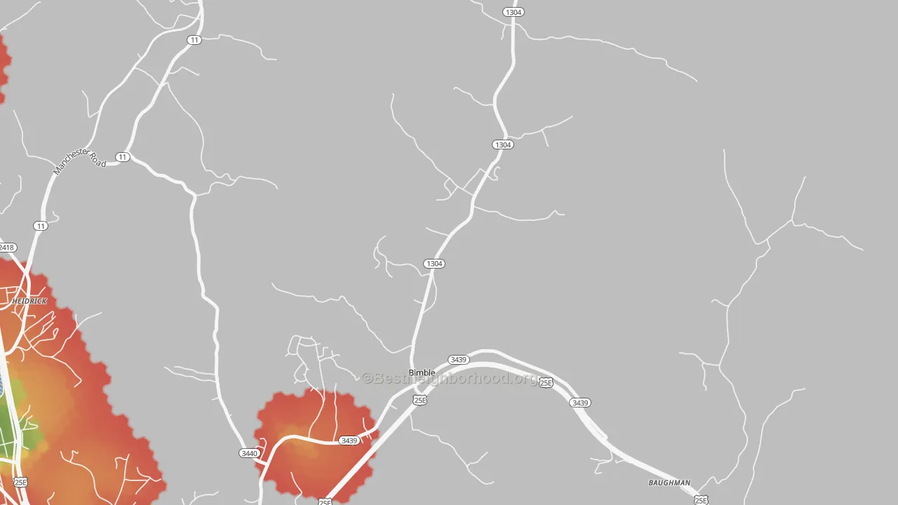 Walk Grade map of Bimble, KY, walkable areas in green and car-dependent areas in red