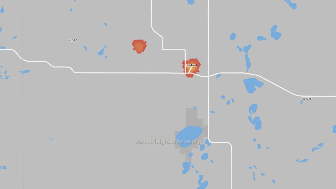 Walk Grade map of Binford, ND, walkable areas in green and car-dependent areas in red