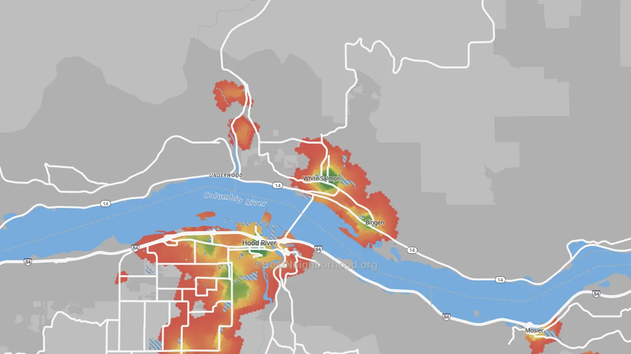 Walk Grade map of Bingen, WA, walkable areas in green and car-dependent areas in red