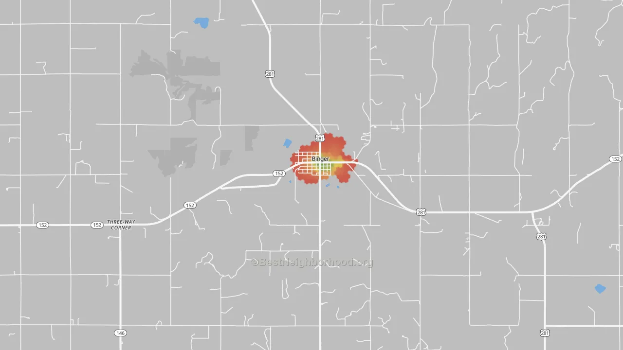 Walk Grade map of Binger, OK, walkable areas in green and car-dependent areas in red