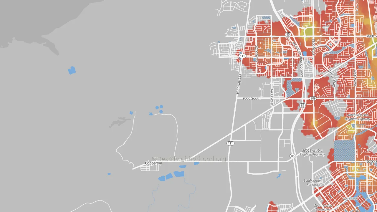 Walk Grade map of Bingham Canyon, UT, walkable areas in green and car-dependent areas in red