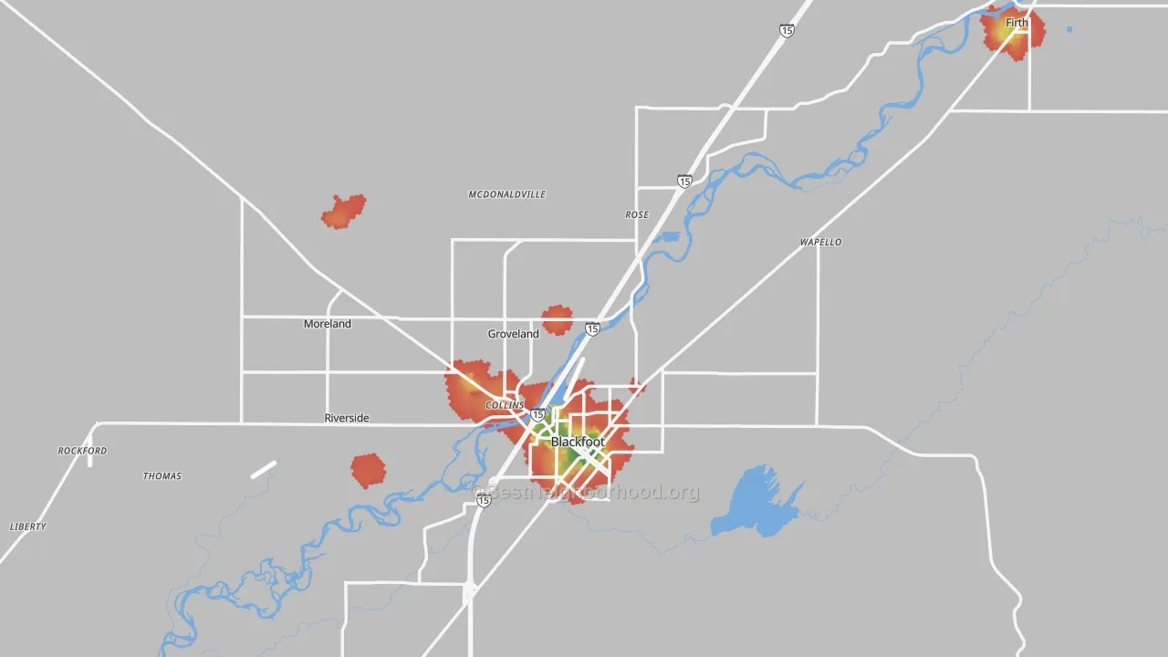 Walk Grade map of Bingham County, ID, walkable areas in green and car-dependent areas in red