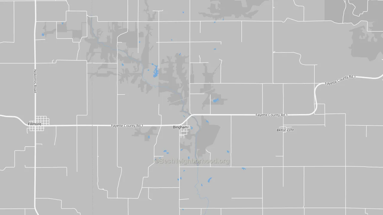 Walk Grade map of Bingham, IL, walkable areas in green and car-dependent areas in red