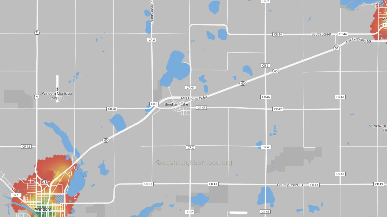 Walk Grade map of Bingham Lake, MN, walkable areas in green and car-dependent areas in red