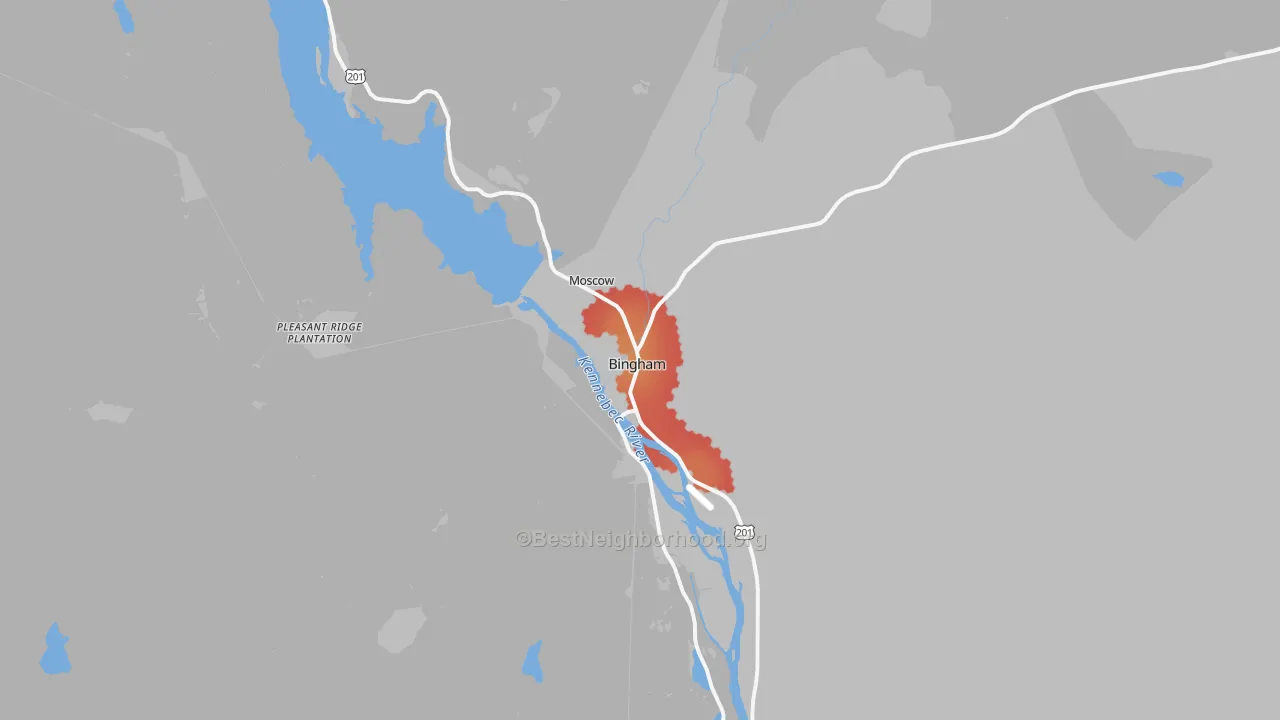 Walk Grade map of Bingham, ME, walkable areas in green and car-dependent areas in red