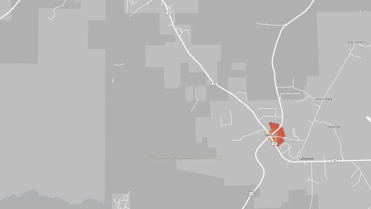 Walk Grade map of Bingham, PA, walkable areas in green and car-dependent areas in red