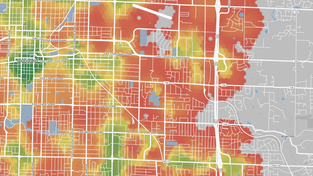 Walk Grade map of Bingham, Springfield, MO, walkable areas in green and car-dependent areas in red