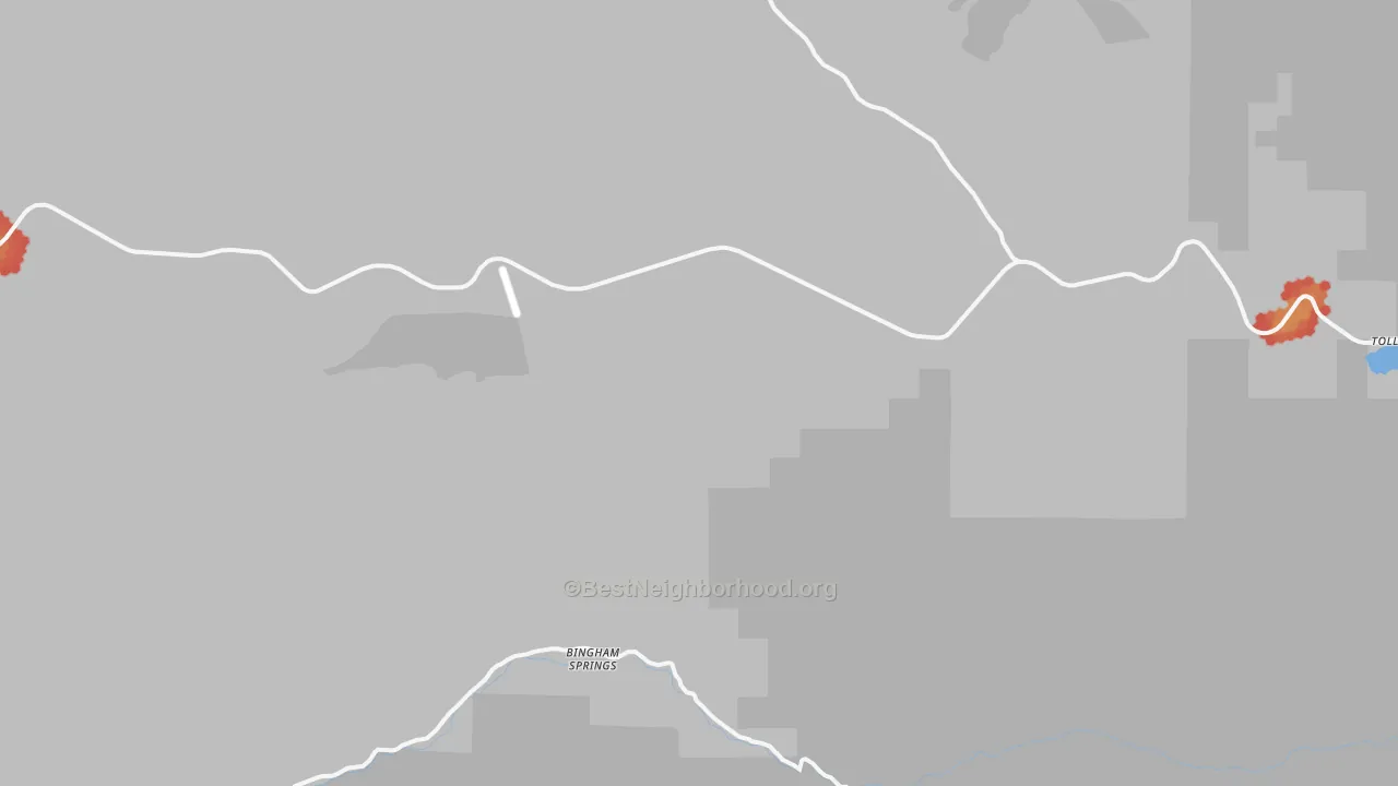 Walk Grade map of Bingham Springs, OR, walkable areas in green and car-dependent areas in red