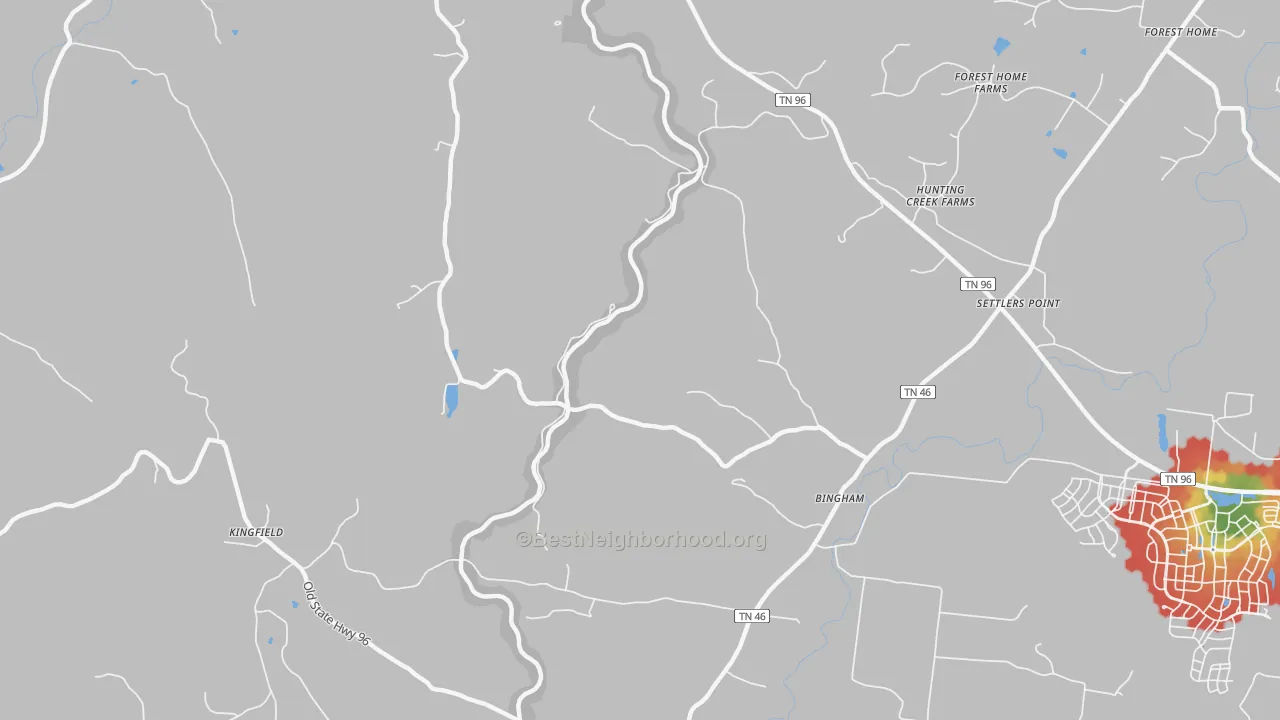 Walk Grade map of Bingham, TN, walkable areas in green and car-dependent areas in red