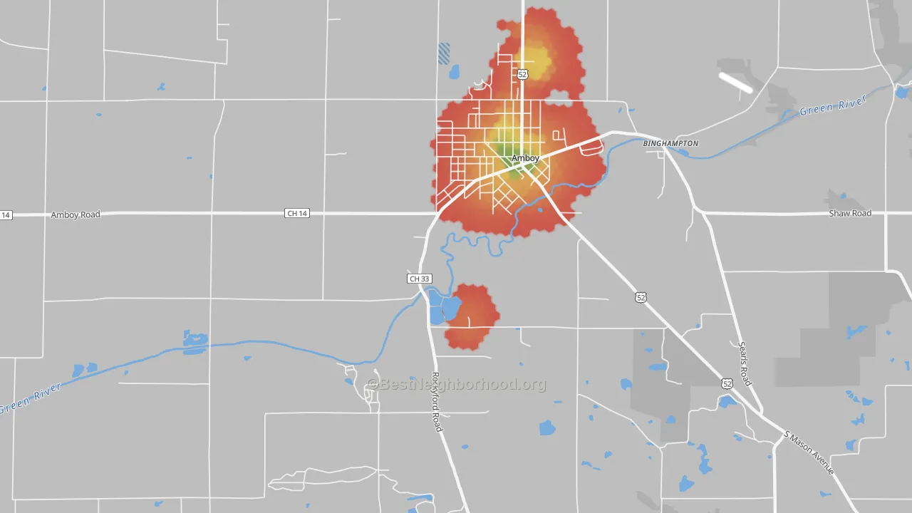 Walk Grade map of Binghampton, IL, walkable areas in green and car-dependent areas in red