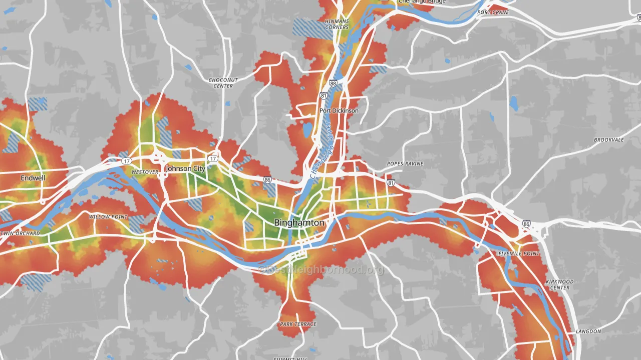 Walk Grade map of Binghamton, NY, walkable areas in green and car-dependent areas in red