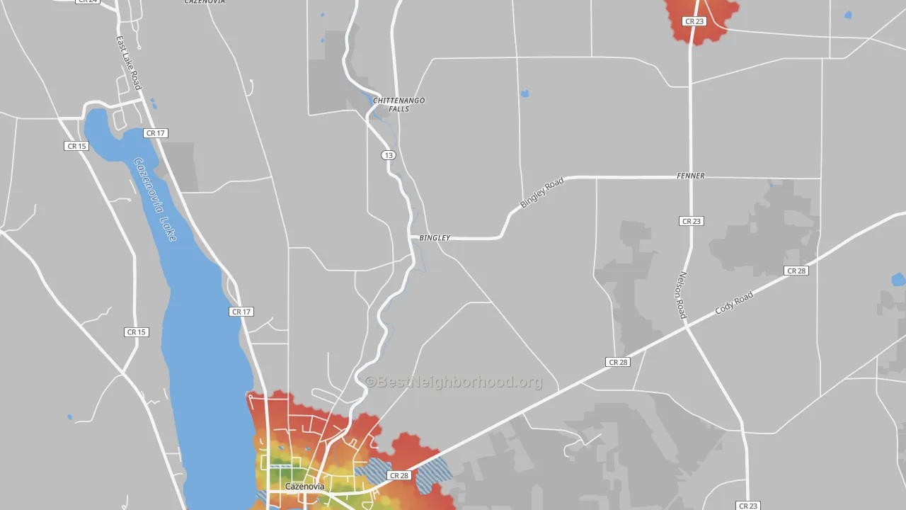 Walk Grade map of Bingley, NY, walkable areas in green and car-dependent areas in red