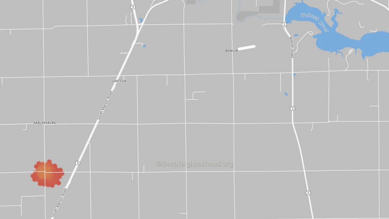 Walk Grade map of Bippus, IN, walkable areas in green and car-dependent areas in red