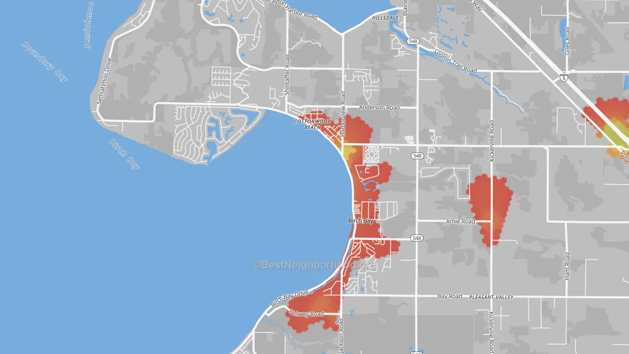 Walk Grade map of Birch Bay, WA, walkable areas in green and car-dependent areas in red