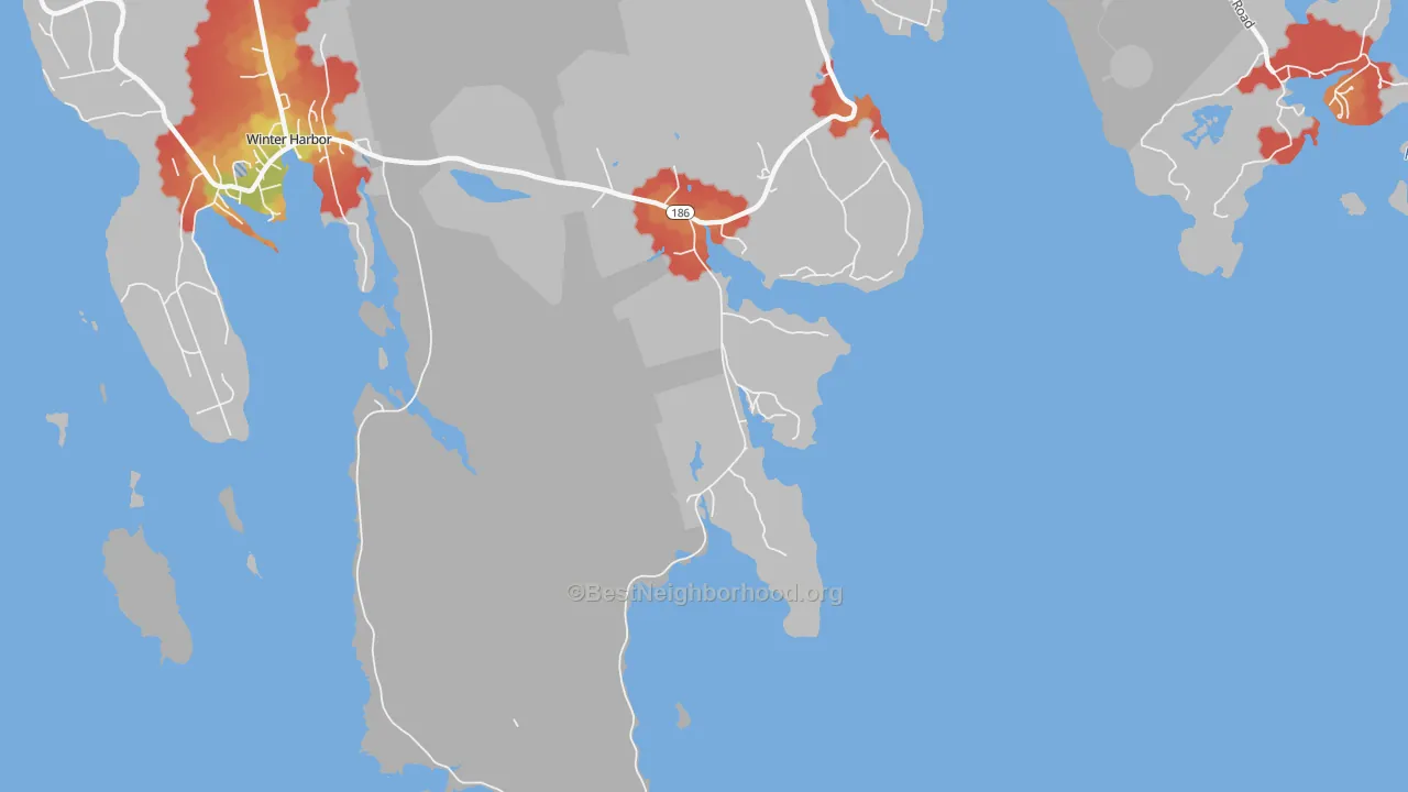 Walk Grade map of Birch Harbor, ME, walkable areas in green and car-dependent areas in red