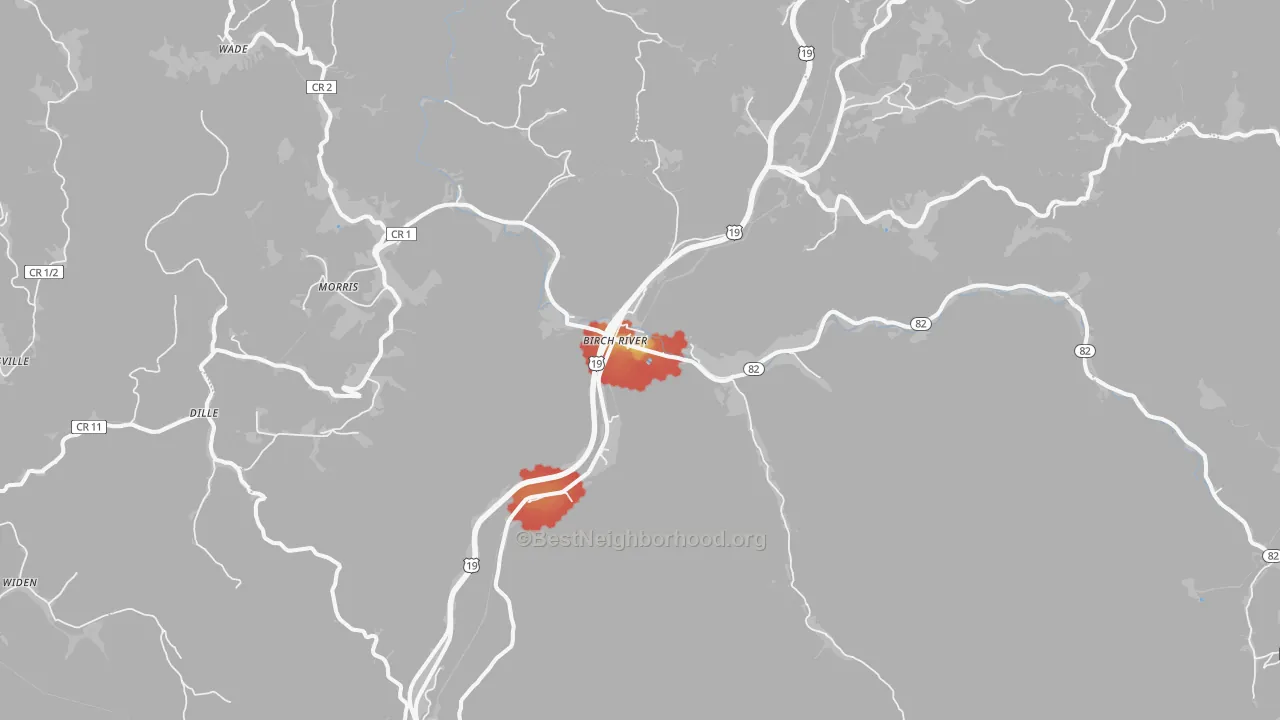 Walk Grade map of Birch River, WV, walkable areas in green and car-dependent areas in red