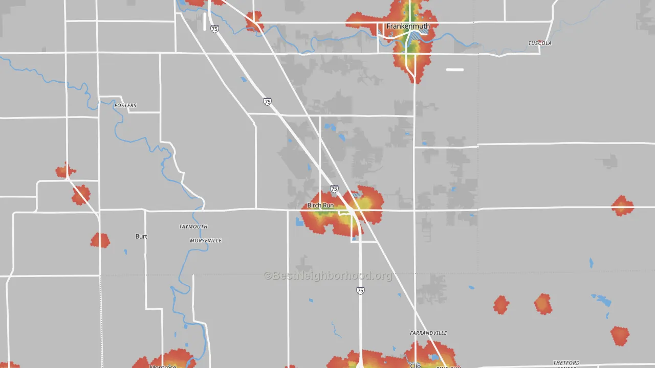 Walk Grade map of Birch Run, MI, walkable areas in green and car-dependent areas in red