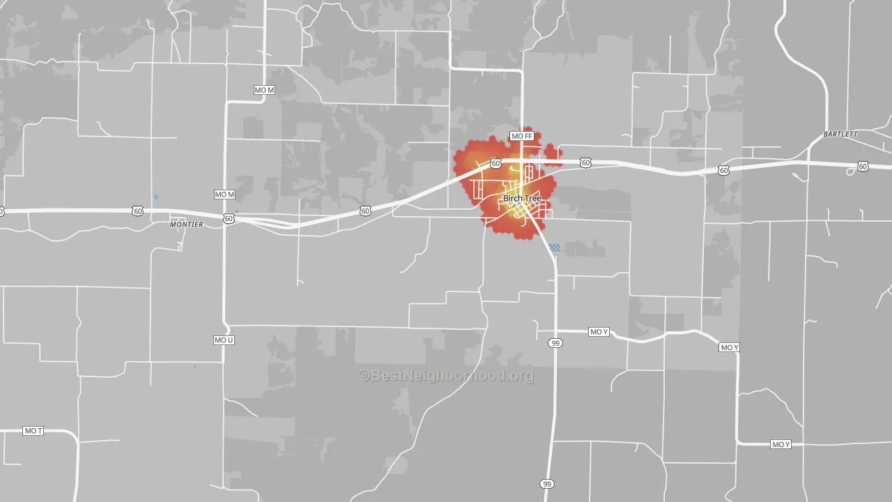 Walk Grade map of Birch Tree, MO, walkable areas in green and car-dependent areas in red