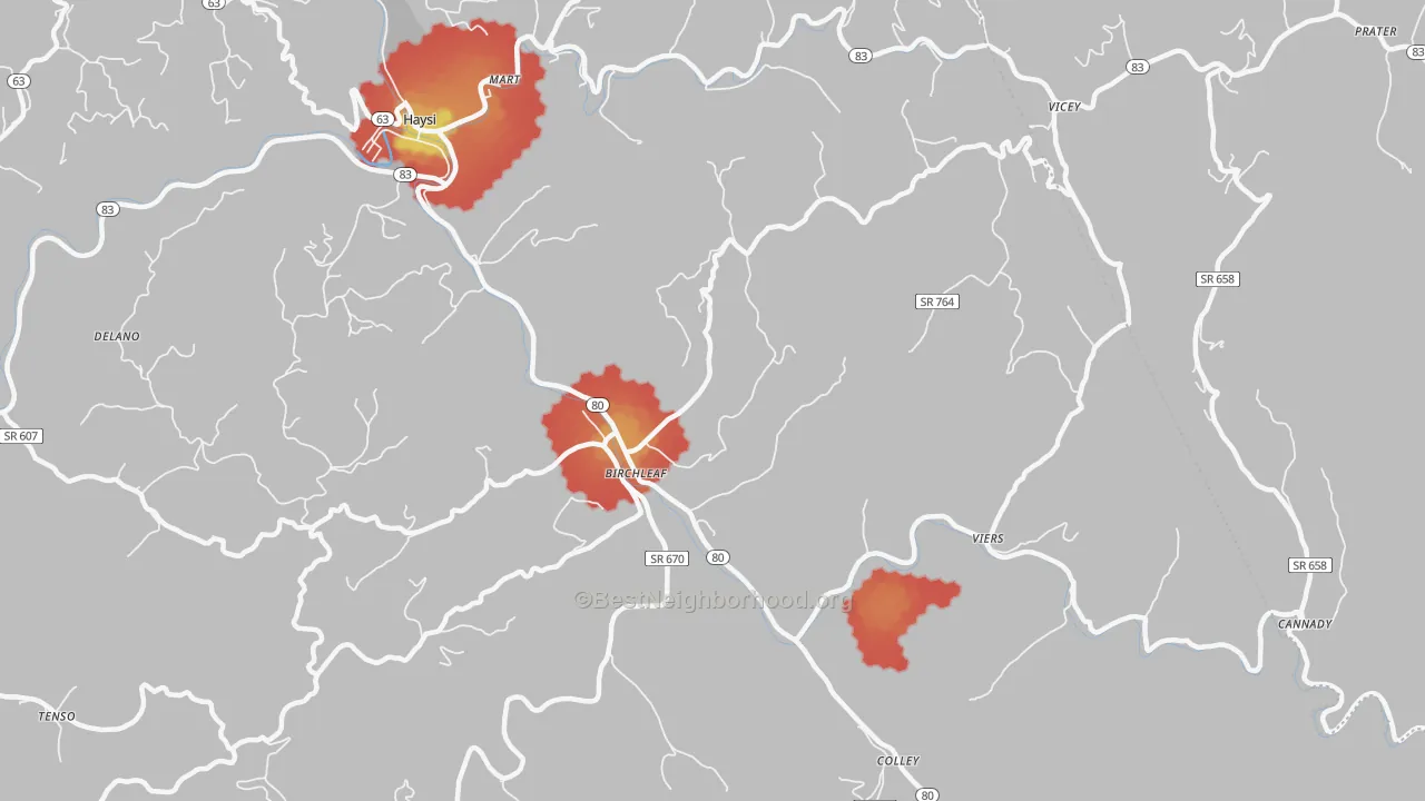 Walk Grade map of Birchleaf, VA, walkable areas in green and car-dependent areas in red
