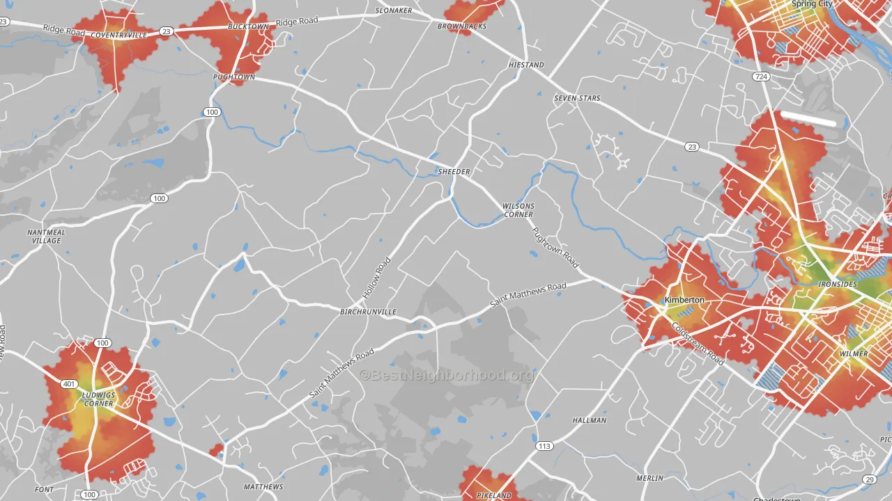 Walk Grade map of Birchrunville, PA, walkable areas in green and car-dependent areas in red