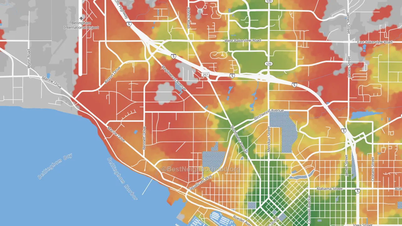 Walk Grade map of Birchwood, Bellingham, WA, walkable areas in green and car-dependent areas in red