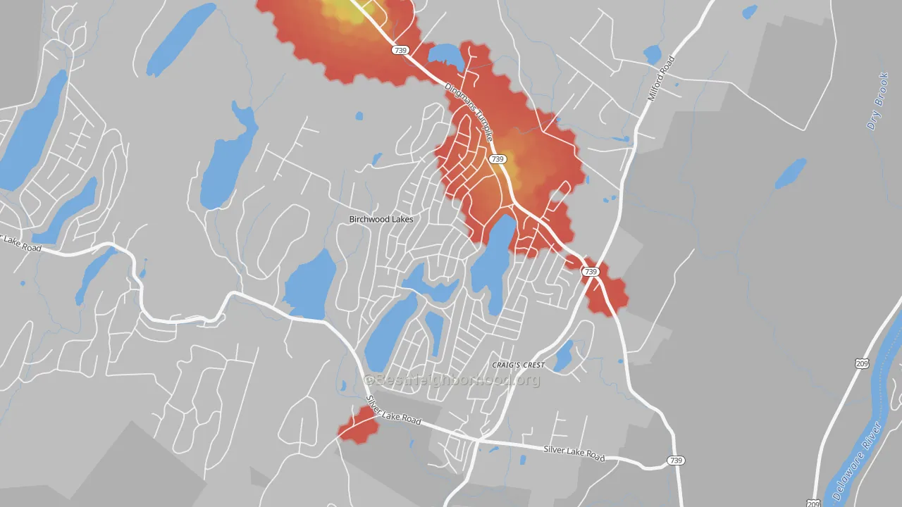 Walk Grade map of Birchwood Lakes, PA, walkable areas in green and car-dependent areas in red