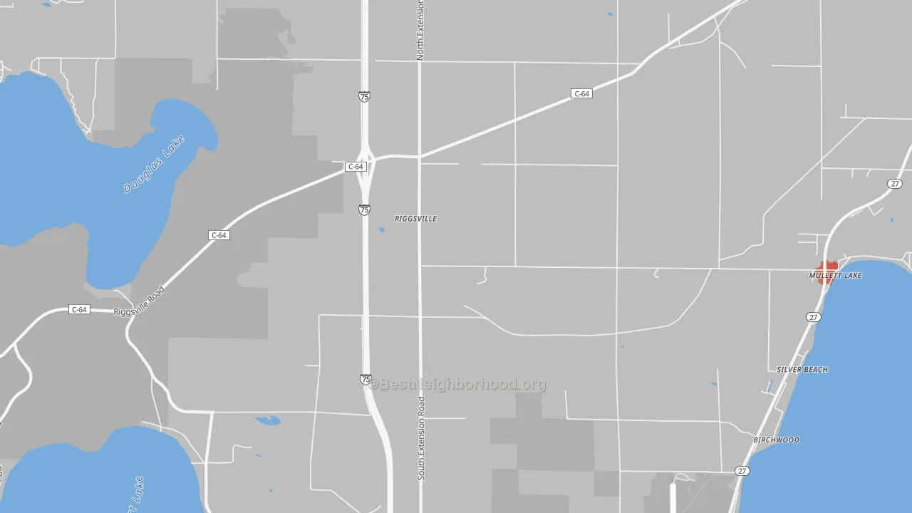 Walk Grade map of Birchwood, MI, walkable areas in green and car-dependent areas in red