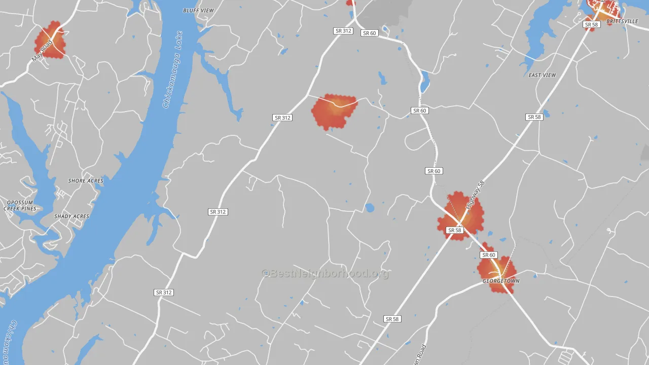 Walk Grade map of Birchwood, TN, walkable areas in green and car-dependent areas in red