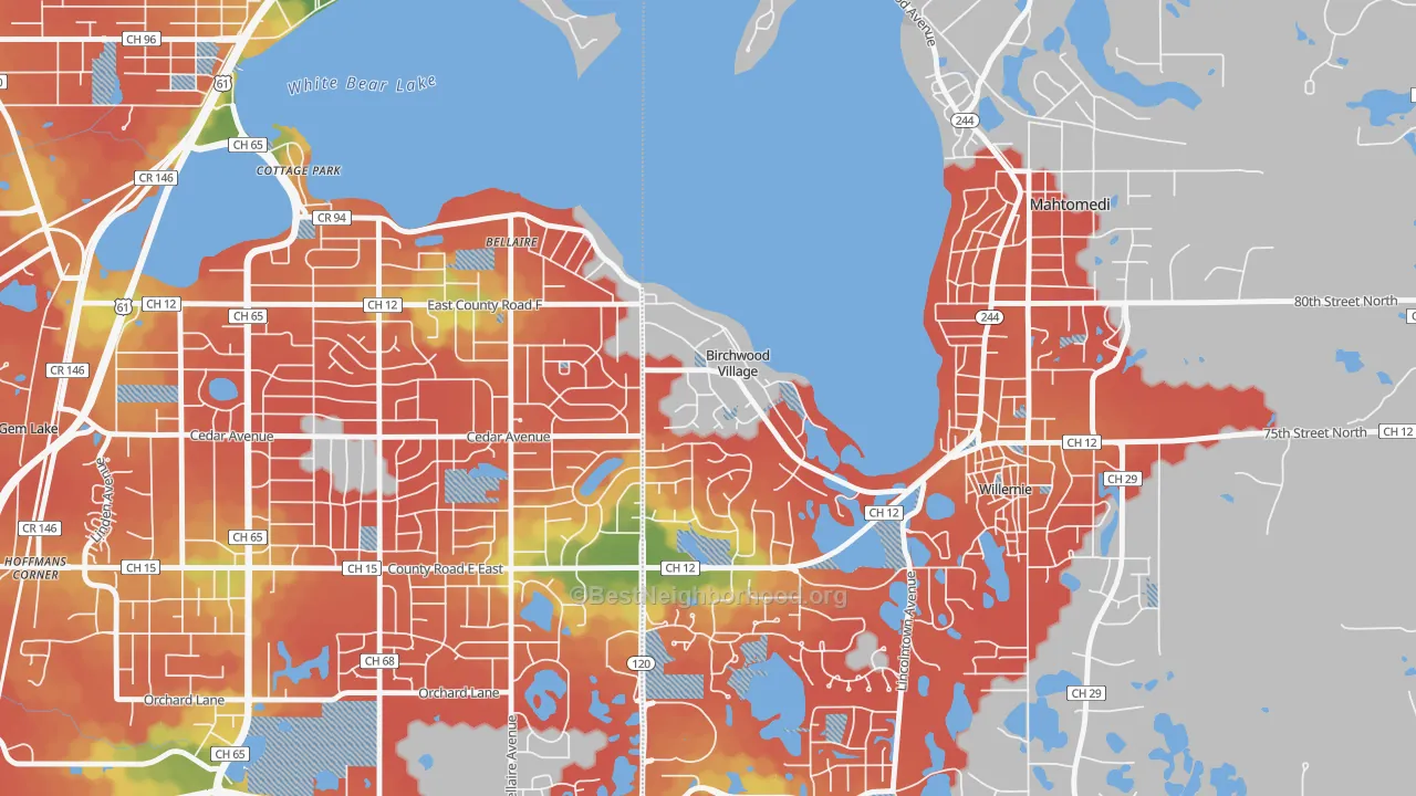 Walk Grade map of Birchwood Village, MN, walkable areas in green and car-dependent areas in red