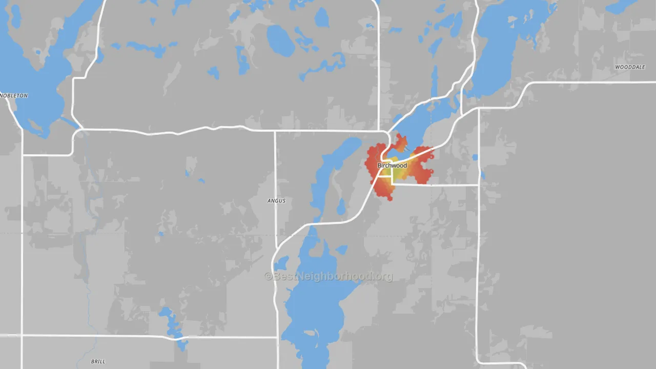 Walk Grade map of Birchwood, WI, walkable areas in green and car-dependent areas in red