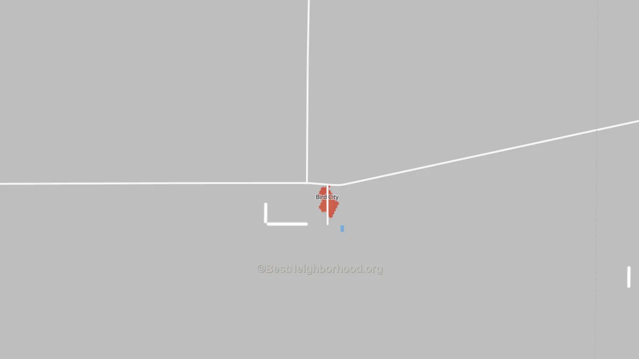 Walk Grade map of Bird City, KS, walkable areas in green and car-dependent areas in red
