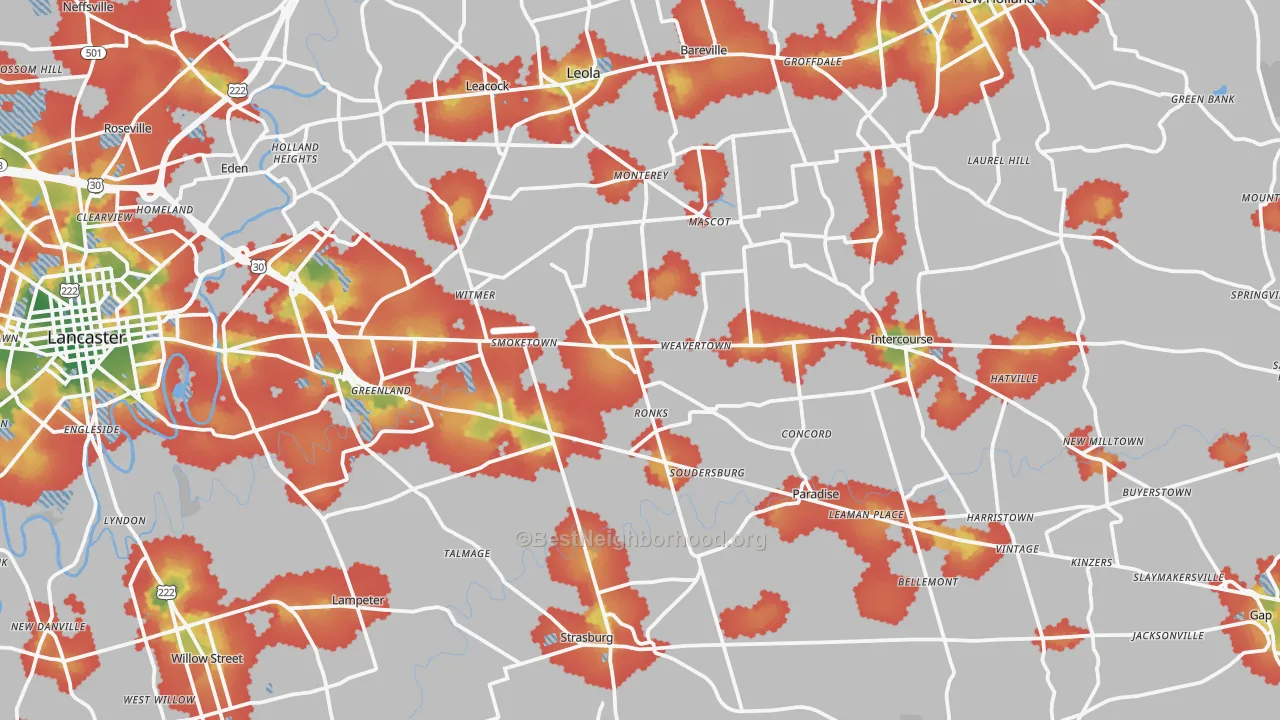 Walk Grade map of Bird-in-Hand, PA, walkable areas in green and car-dependent areas in red